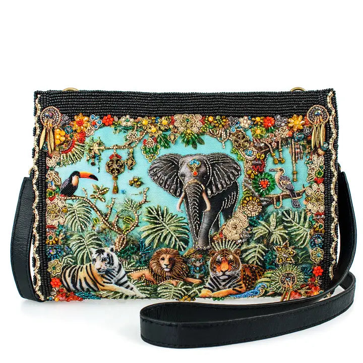 Wild Kingdom Elephant Embroided and Beaded Crossbody Handbag